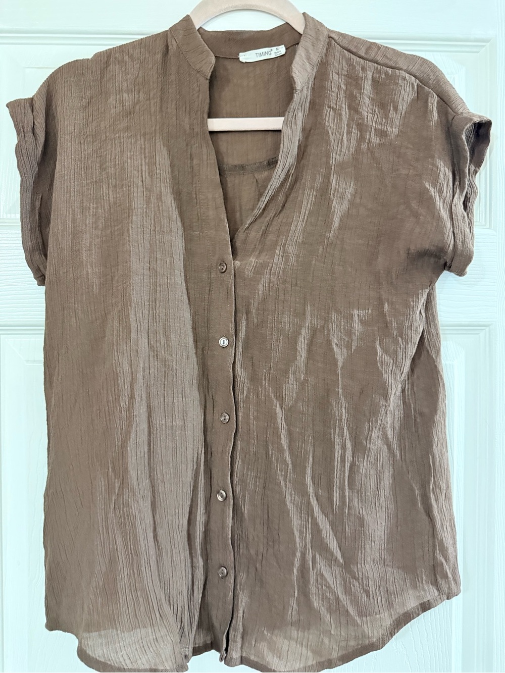 Timing Mauve-Taupe Button-Front Short Sleeve Blouse